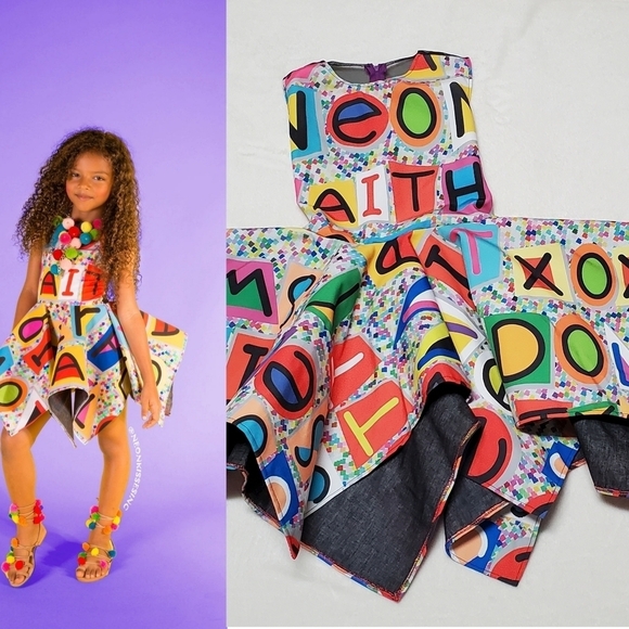 Neon Kisses Diva Toy Pinwheel Dress Multi-color Spell Out Teen Mini Dress 14 - Picture 1 of 12